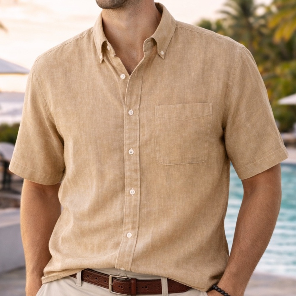 Daniel Cremieux 100% Linen Button Front Shirt Men’s L Tan Short Sleeve Vacation